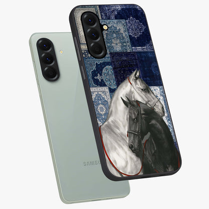 Midnight Stallion Blues Glass Case displayed in angled mockup highlighting powerful stallion illustration with deep midnight tones.
