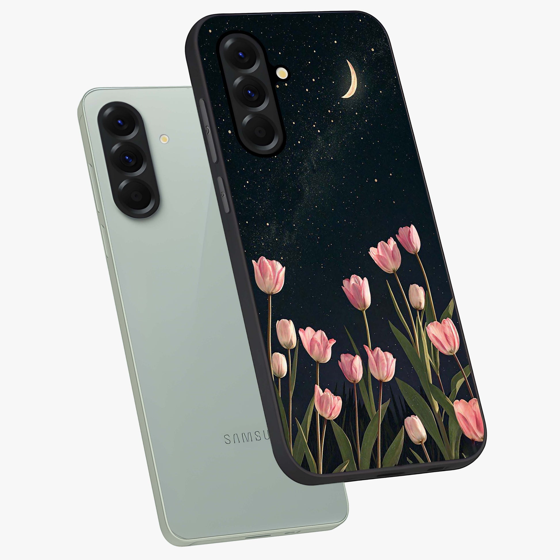 Midnight Tulip Whispers Vibe Glass Case displayed in angled mockup highlighting delicate tulip design with midnight floral aesthetic.