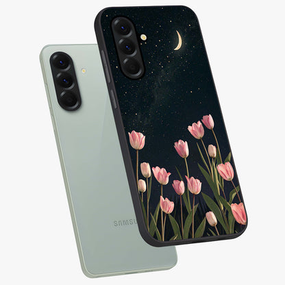 Midnight Tulip Whispers Vibe Glass Case displayed in angled mockup highlighting delicate tulip design with midnight floral aesthetic.