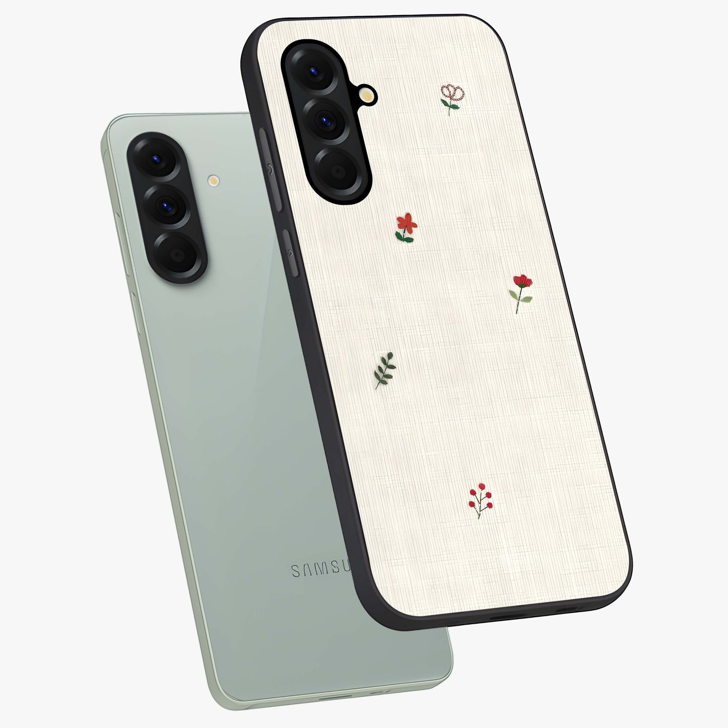 Minimalistic Blue With White Flower Pattern Glass Case displayed in angled mockup highlighting simple floral design with minimal aesthetic.