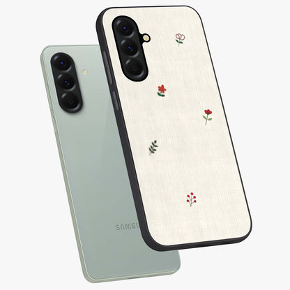 Minimalistic Blue With White Flower Pattern Glass Case displayed in angled mockup highlighting simple floral design with minimal aesthetic.