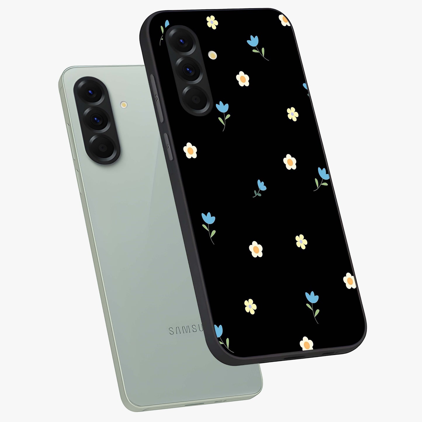 Minimal Petal Whispers Glass Case displayed in angled mockup highlighting delicate petal design with clean minimal aesthetic.