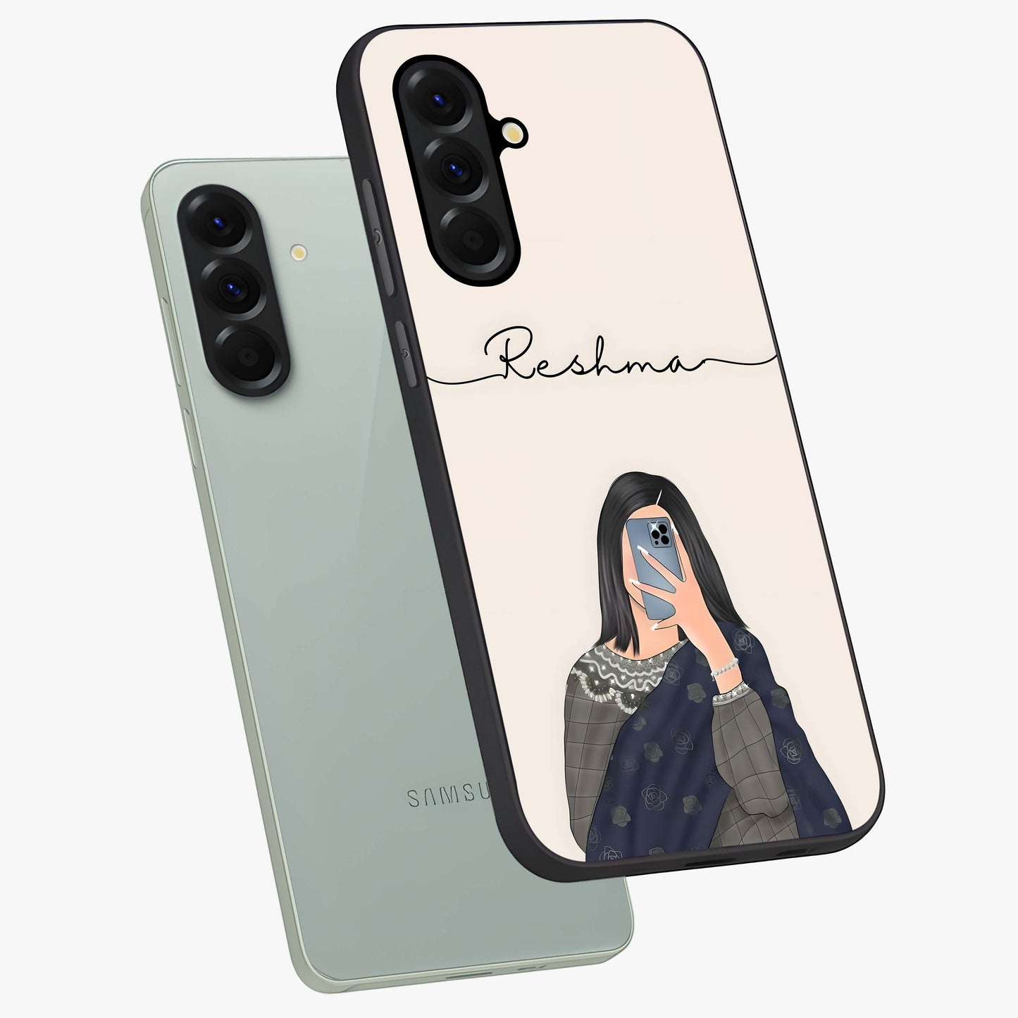 Mirror Mood Muse With Custom Name Glass Case displayed in angled mockup highlighting aesthetic mirror inspired design with custom name feature.