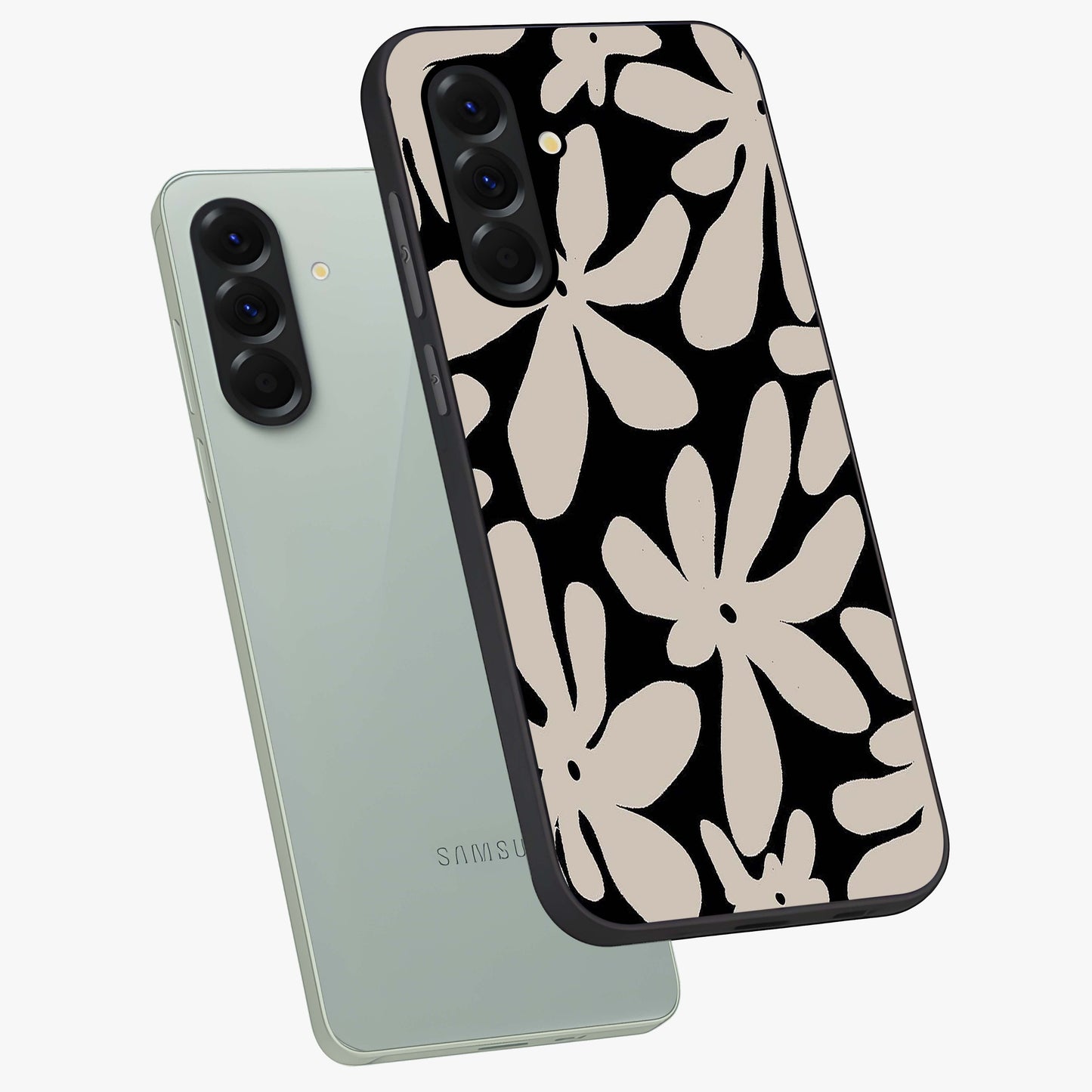 Monochrome Petal Dance Glass Case displayed in angled mockup highlighting elegant petal design with black and white aesthetic.