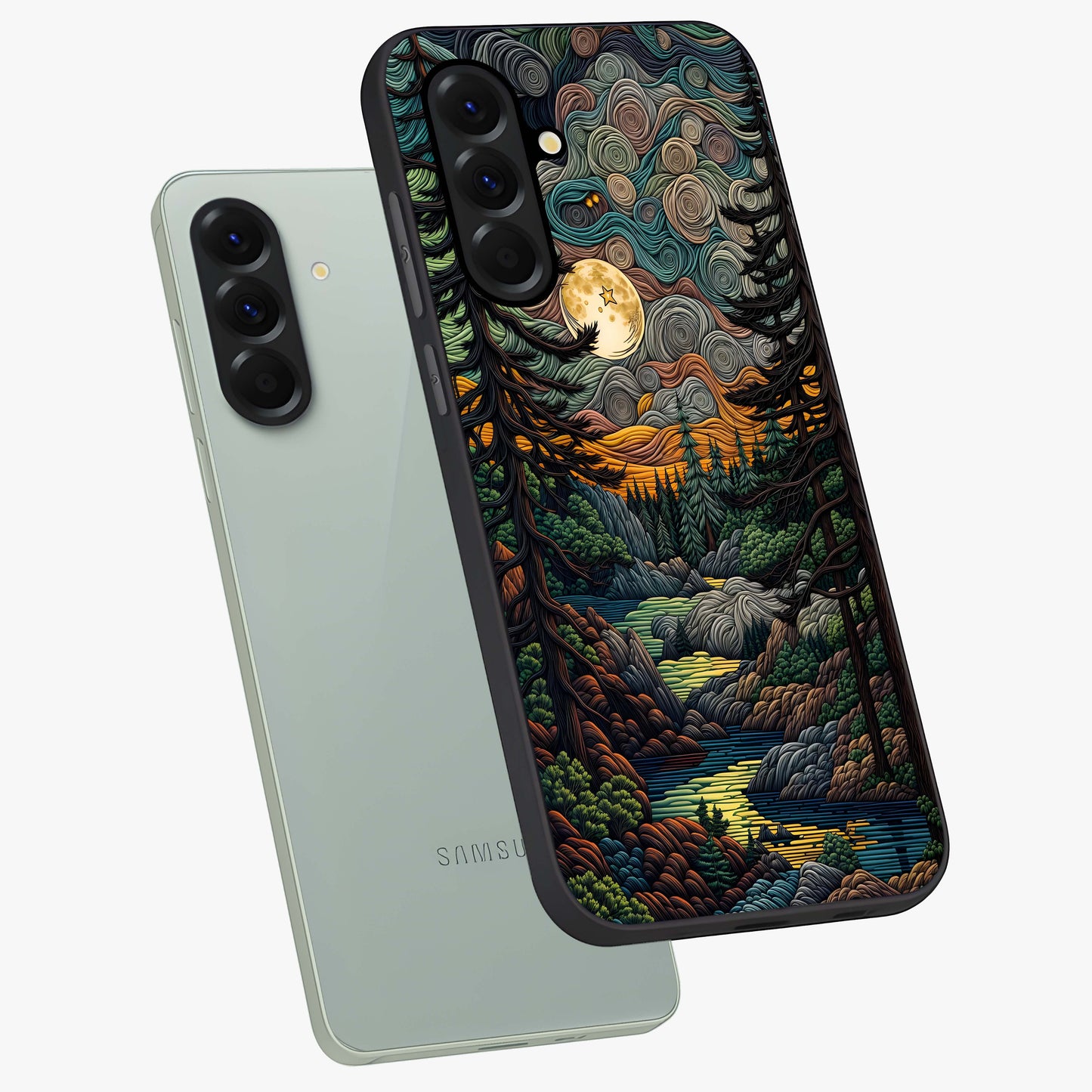 Moonlight Forest Dream Glass Case displayed in angled mockup highlighting dreamy forest design with glowing moon aesthetic.