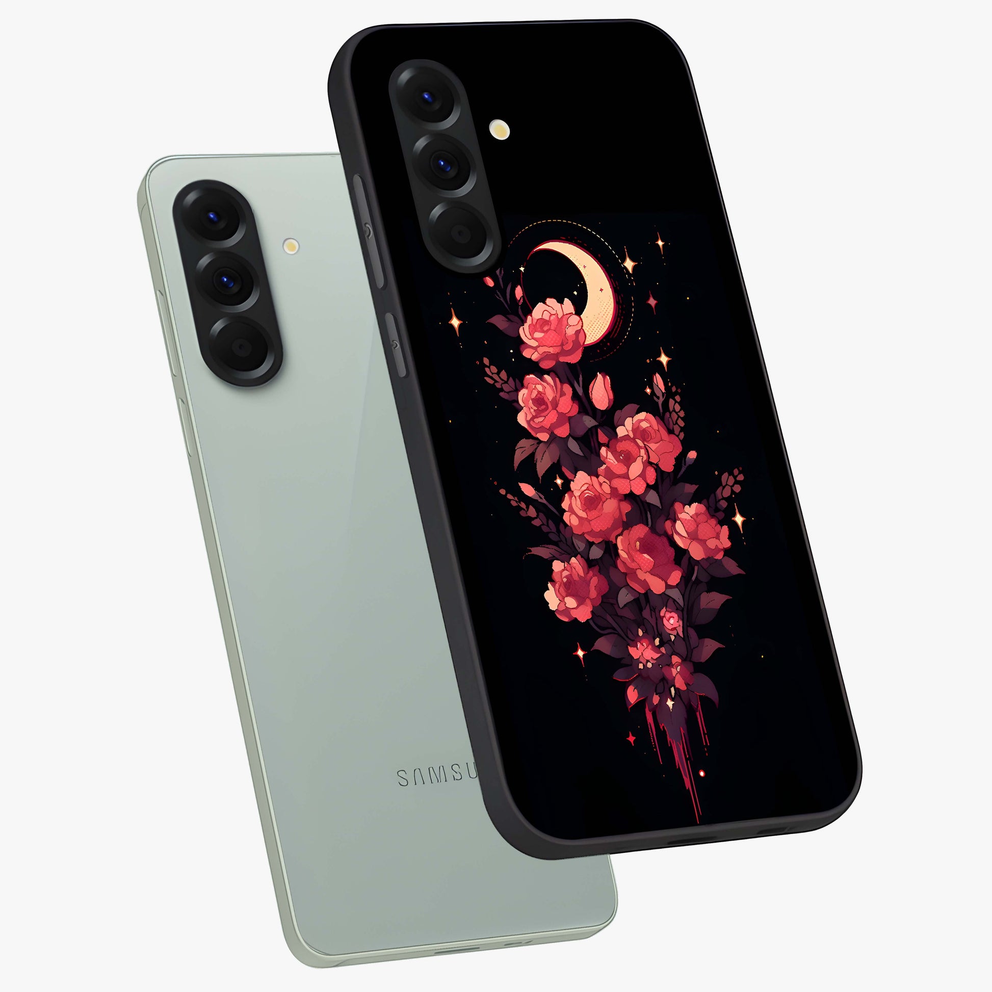 Moonlit Floral Elegance Glass Case displayed in angled mockup highlighting graceful flower design with soft moonlight aesthetic.