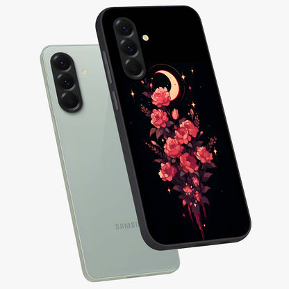 Moonlit Floral Elegance Glass Case displayed in angled mockup highlighting graceful flower design with soft moonlight aesthetic.