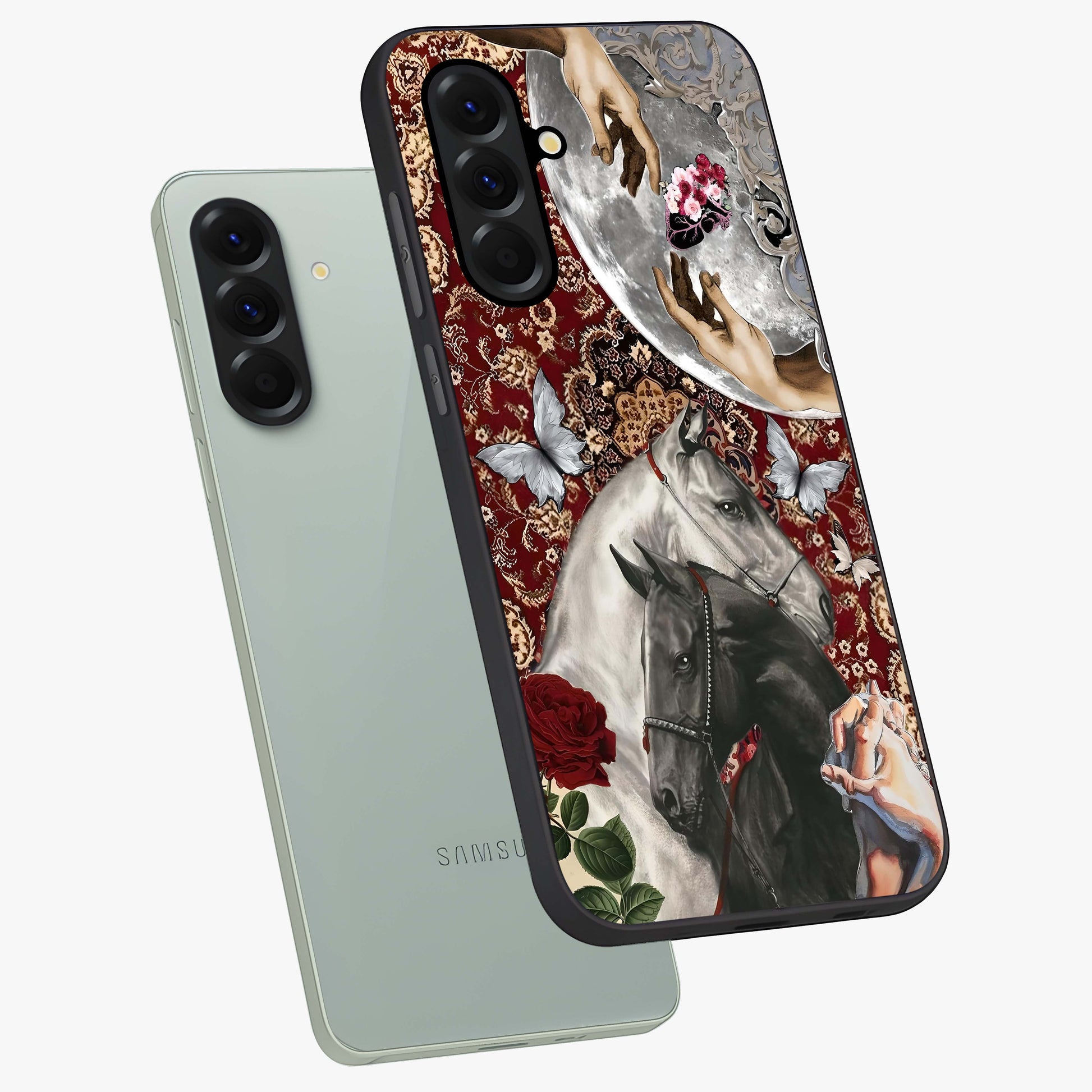 Moonlit Royal Stallion Glass Case displayed in angled mockup highlighting powerful stallion illustration with royal night aesthetic.