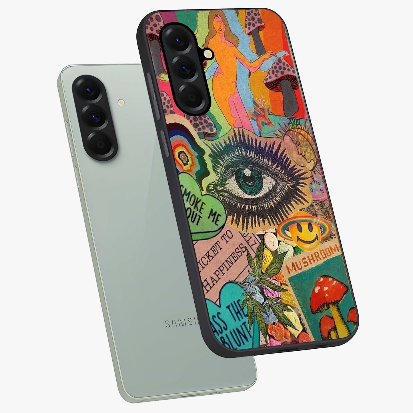 Mystic Eye Wonderland Glass Case displayed in angled mockup highlighting magical eye illustration with dreamy aesthetic.