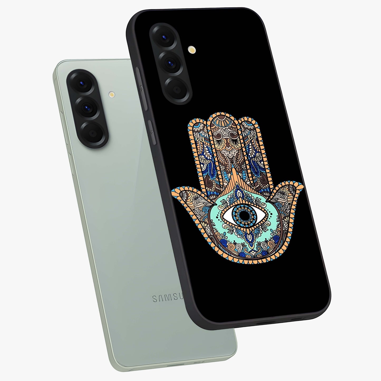 Mystic Hamsa Eye Glass Case displayed in angled mockup highlighting spiritual hamsa symbol with mystical aesthetic style.