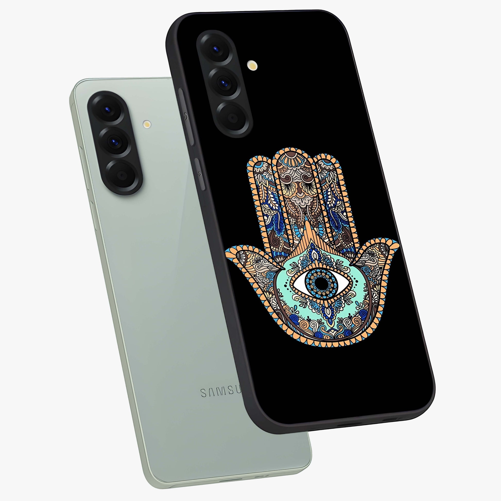 Mystic Hamsa Eye Glass Case displayed in angled mockup highlighting spiritual hamsa symbol with mystical aesthetic style.