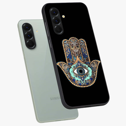 Mystic Hamsa Eye Glass Case displayed in angled mockup highlighting spiritual hamsa symbol with mystical aesthetic style.