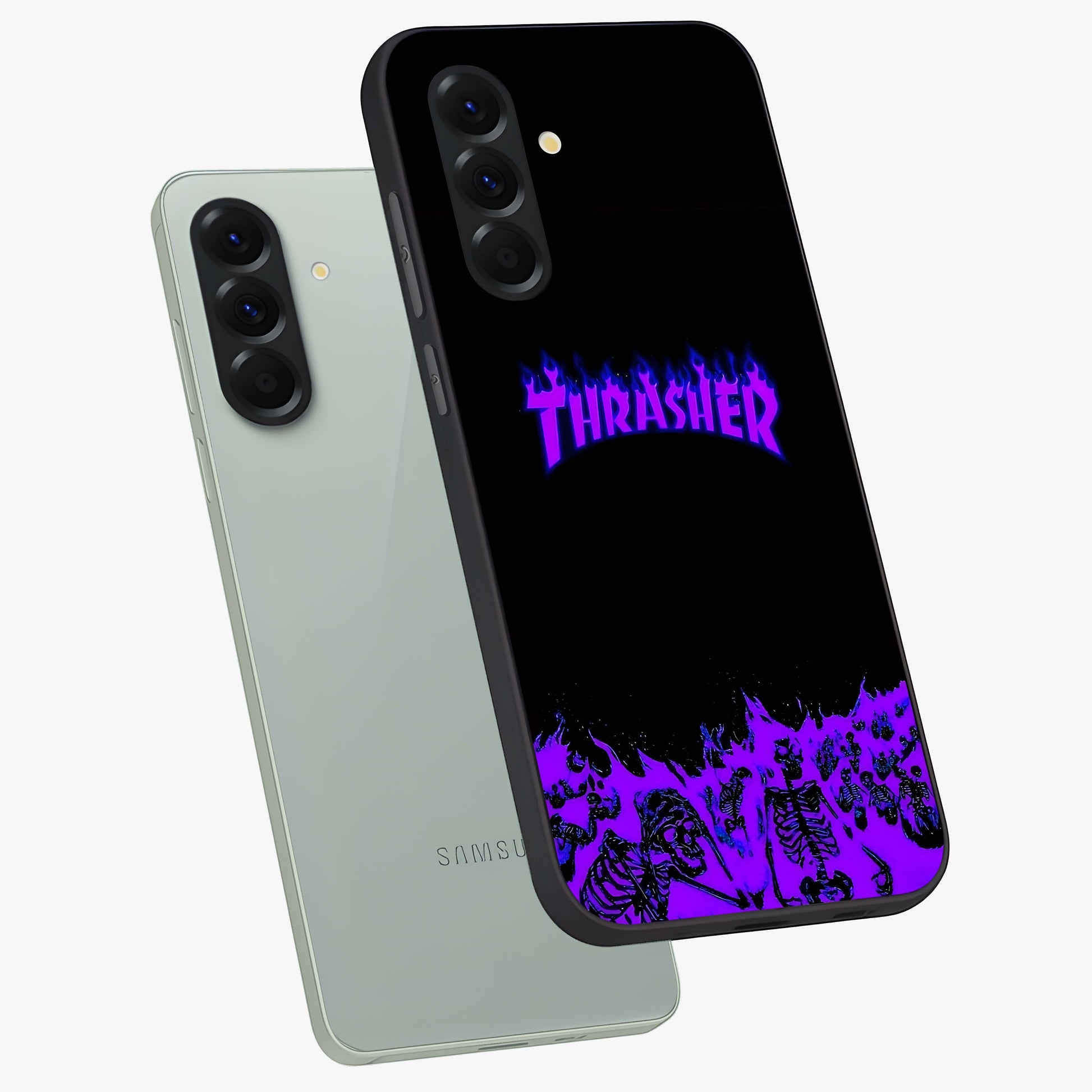 Neon Flame Riot Glass Case displayed in angled mockup highlighting glowing flame design with vibrant neon aesthetic.