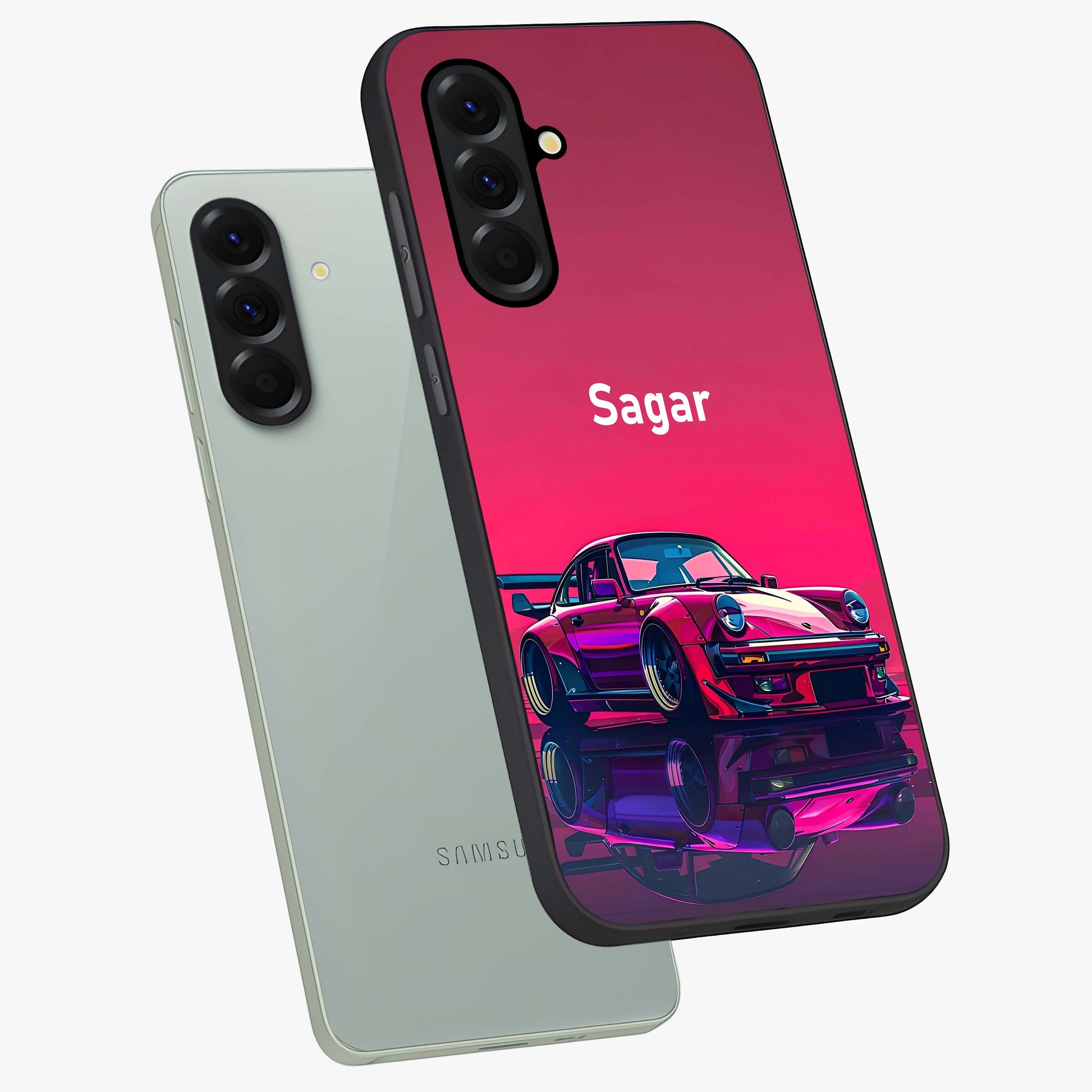 Neon Pink Porsche Glass Case displayed in angled mockup highlighting sleek neon pink car design with racing aesthetic.