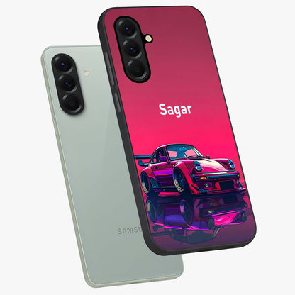 Neon Pink Porsche Glass Case displayed in angled mockup highlighting sleek neon pink car design with racing aesthetic.