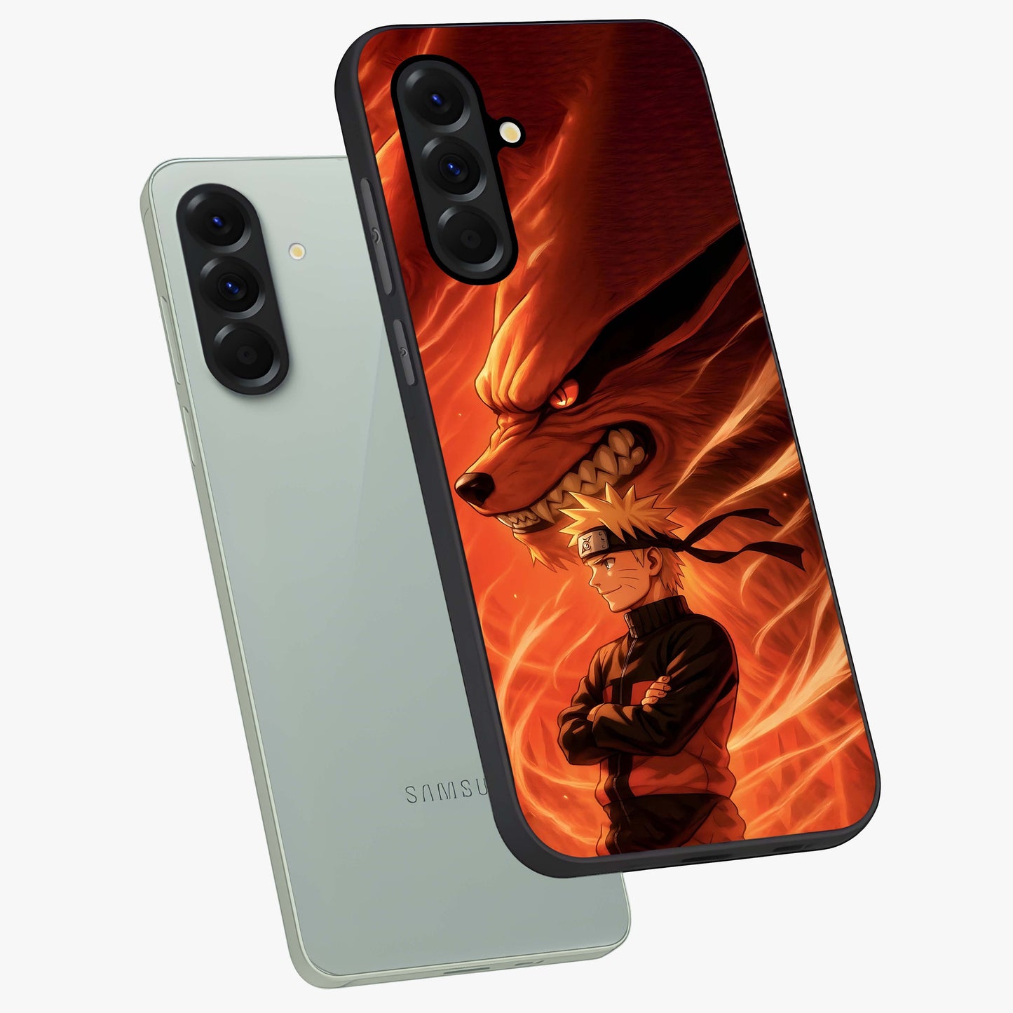 Nine Tails Legacy Glass Case displayed in angled mockup highlighting dynamic anime beast illustration with bold mystical aesthetic.