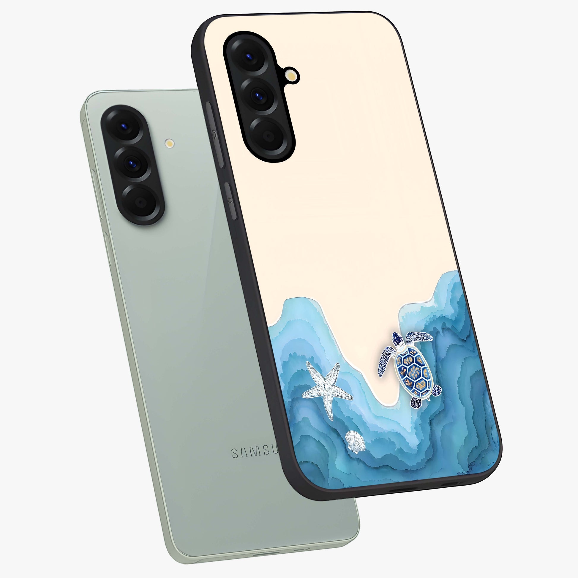 Ocean Drift Turtle Glass Case displayed in angled mockup highlighting peaceful ocean turtle illustration with marine aesthetic.