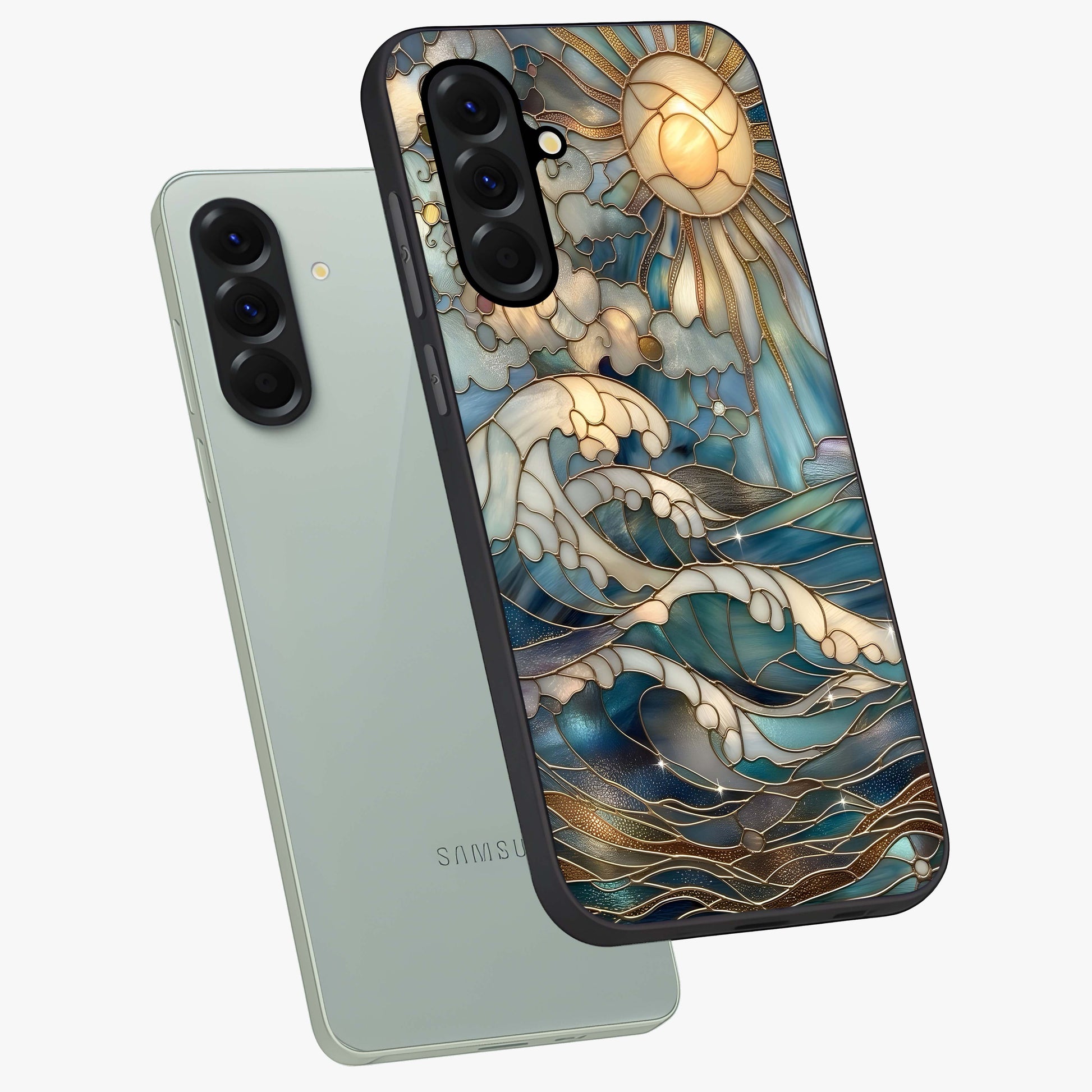 Oceanic Stained Printed Glass Case displayed in angled mockup highlighting colorful aquatic design with artistic aesthetic style.
