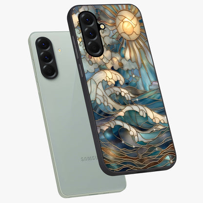 Oceanic Stained Printed Glass Case displayed in angled mockup highlighting colorful aquatic design with artistic aesthetic style.