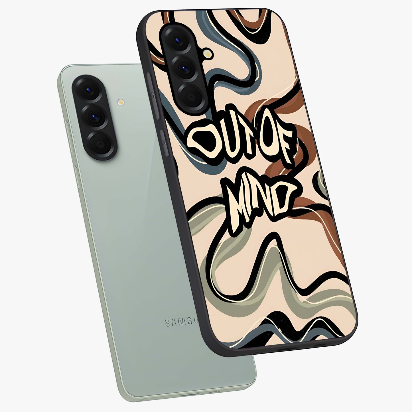 Out Of Mind Glass Case displayed in angled mockup highlighting bold statement design with modern artistic aesthetic.