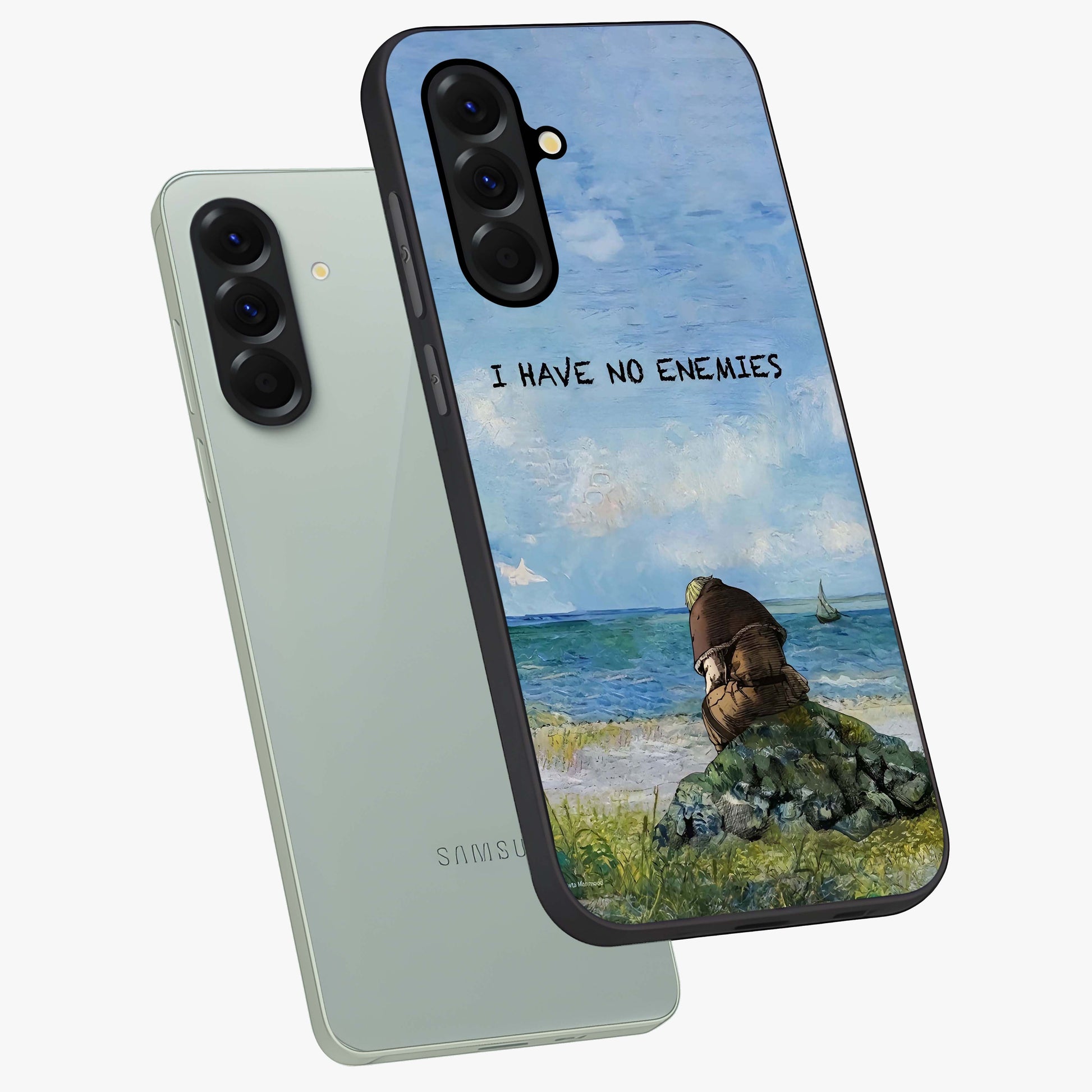 Peace Beyond War Glass Case displayed in angled mockup highlighting meaningful message design with artistic aesthetic style.