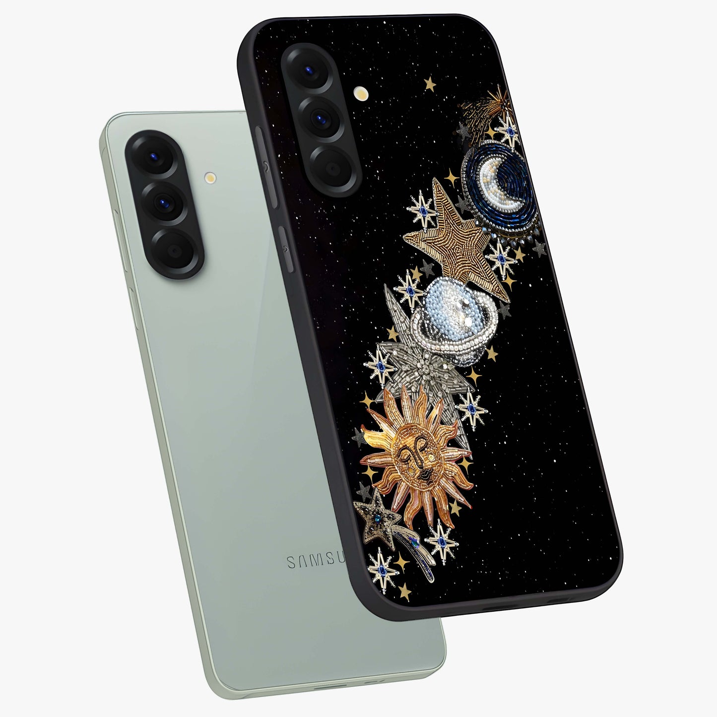 Pearls Universe Object Glass Case displayed in angled mockup highlighting celestial pearl design with dreamy aesthetic.