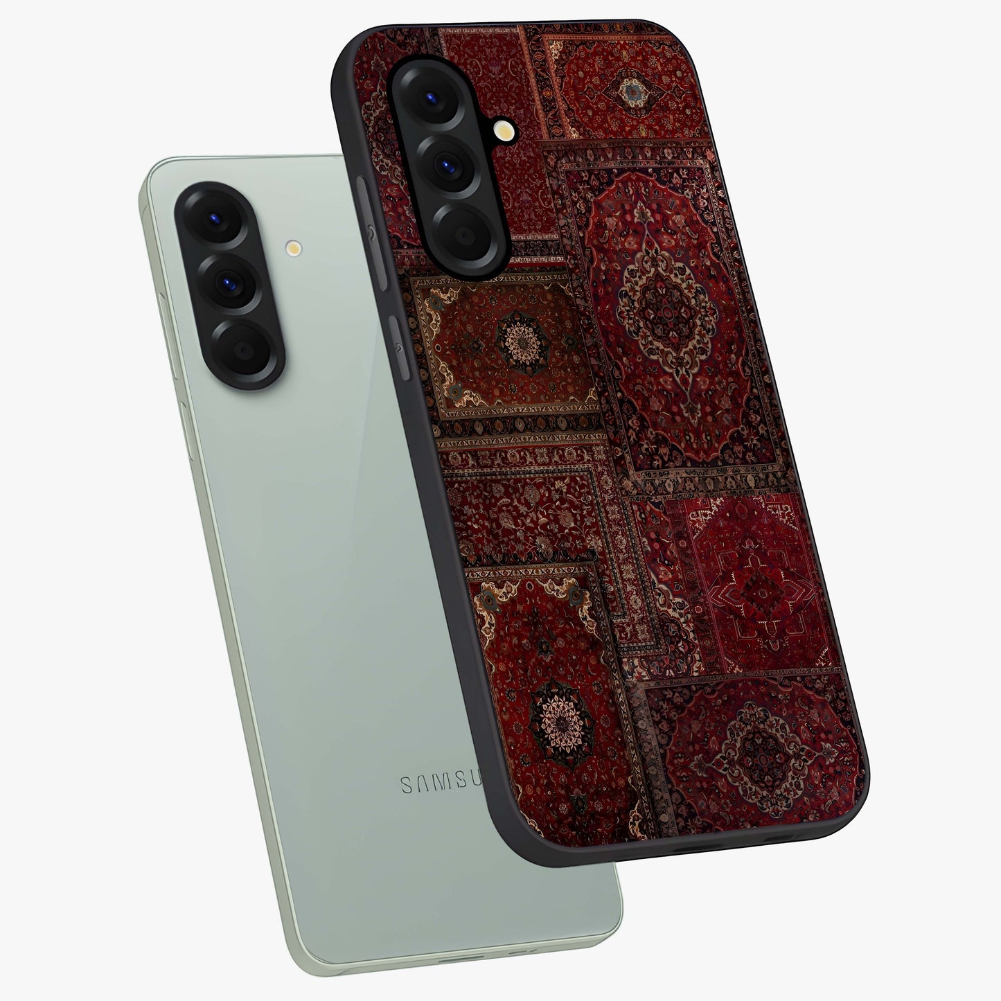 Persian Velvet Tale Glass Case displayed in angled mockup highlighting ornate textile inspired design with royal aesthetic.