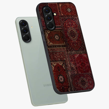 Persian Velvet Tale Glass Case displayed in angled mockup highlighting ornate textile inspired design with royal aesthetic.