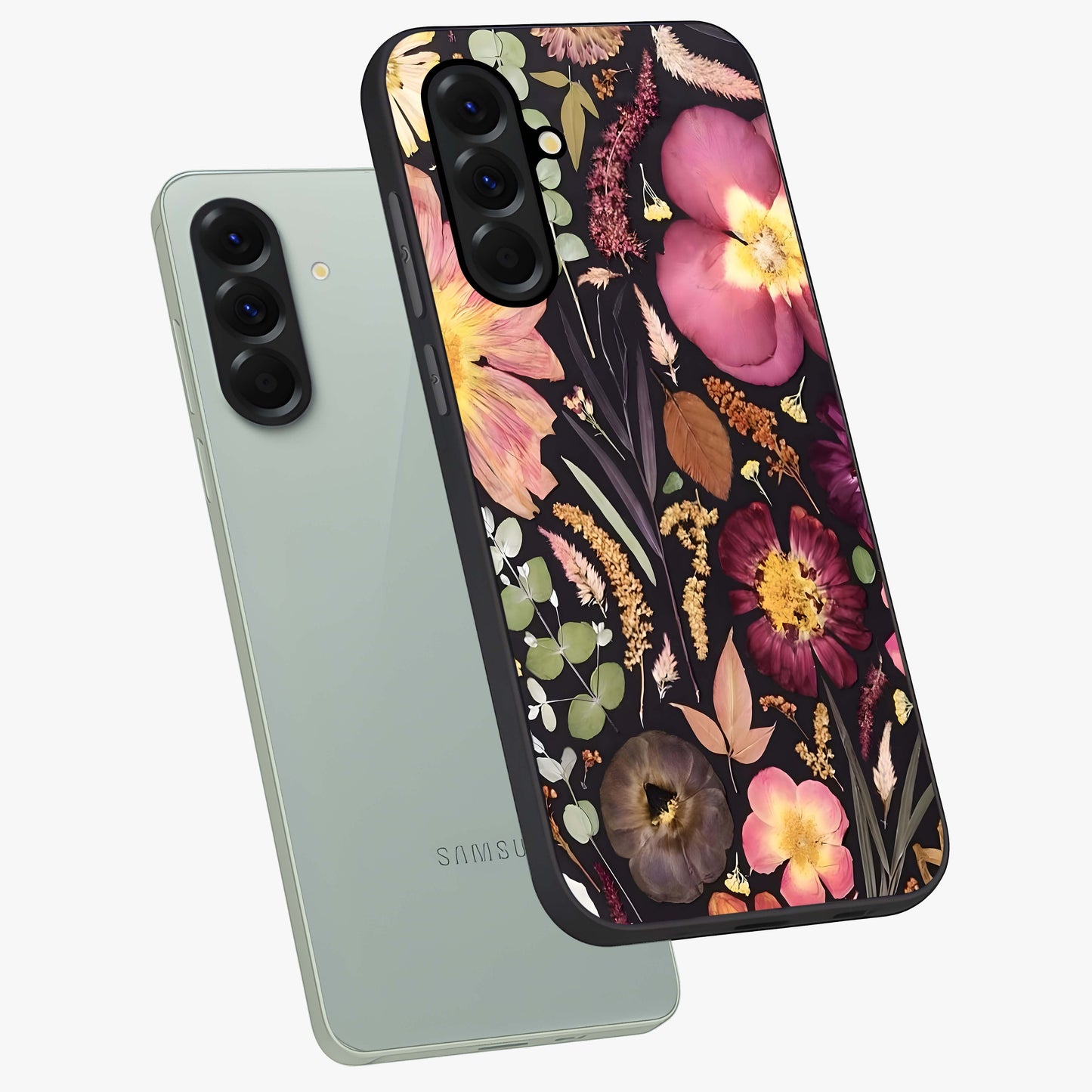 Petal Dream Tapestry Glass Case displayed in angled mockup highlighting decorative petal pattern with elegant botanical aesthetic.