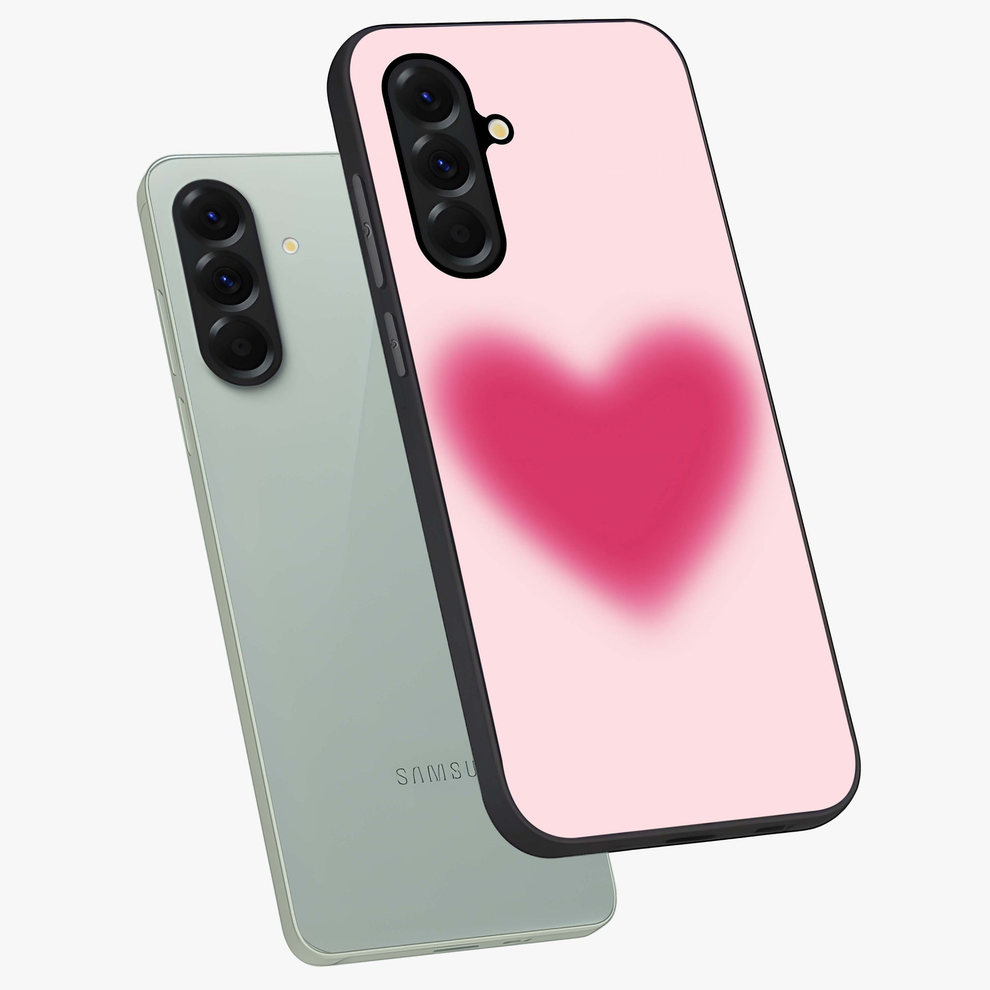 Pink Aura Heart Glass Case displayed in angled mockup highlighting vibrant pink heart design with dreamy aura aesthetic.