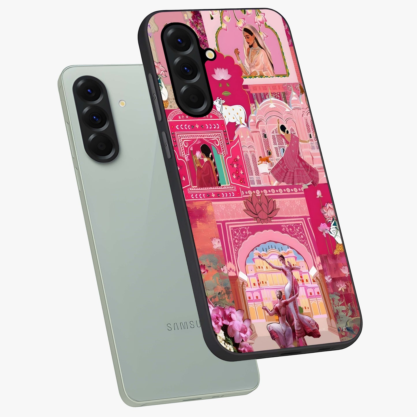Pink Palace Muse Glass Case displayed in angled mockup highlighting dreamy palace illustration with soft pink aesthetic.