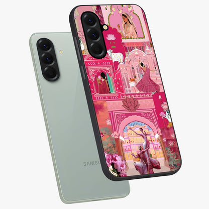 Pink Palace Muse Glass Case displayed in angled mockup highlighting dreamy palace illustration with soft pink aesthetic.