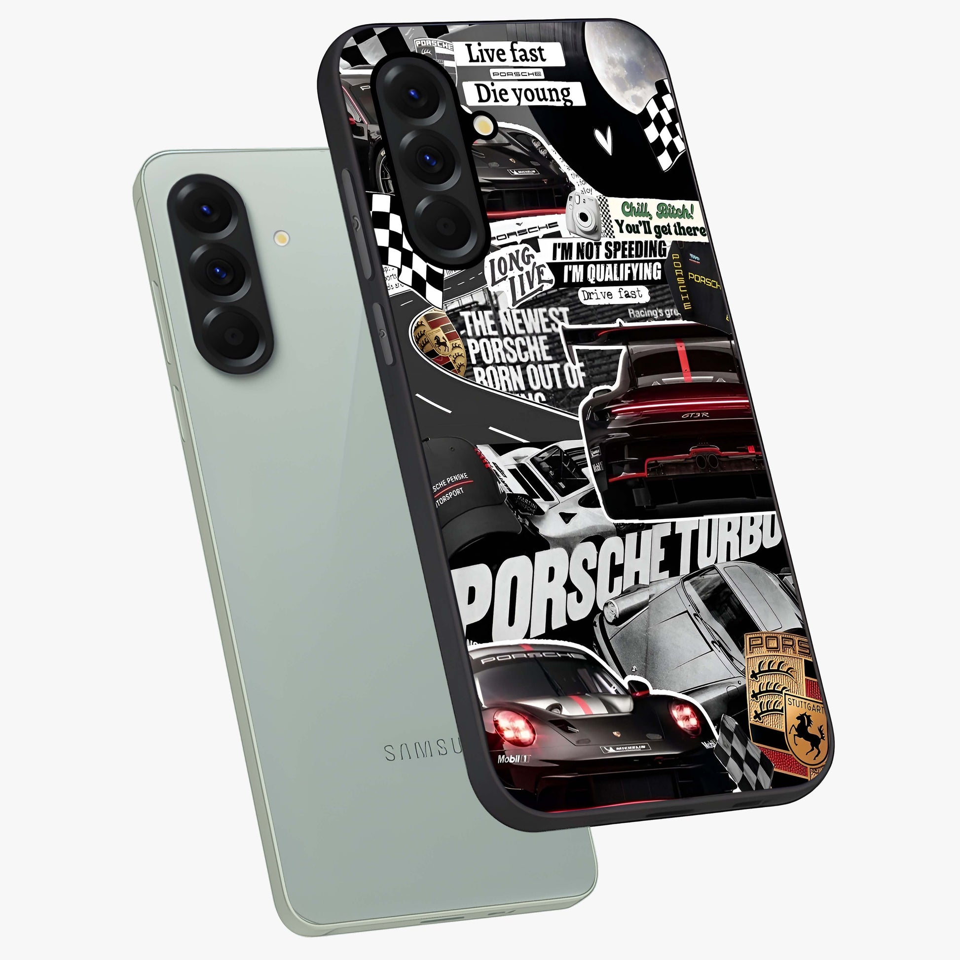 Porsche Racing Collage Glass Case displayed in angled mockup highlighting dynamic automotive design with bold racing aesthetic.