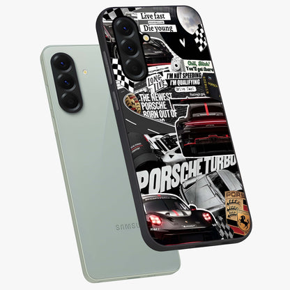 Porsche Racing Collage Glass Case displayed in angled mockup highlighting dynamic automotive design with bold racing aesthetic.