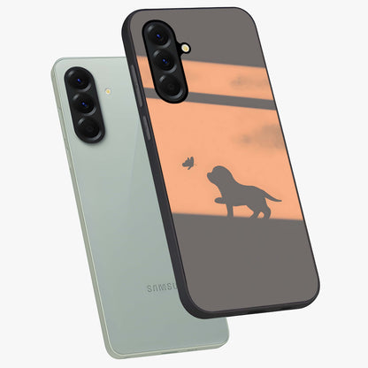 Puppy Shadow Art Glass Case displayed in angled mockup highlighting playful dog illustration with artistic shadow aesthetic.