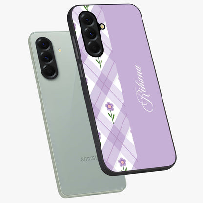 Purple Diamond Floral Glass Case displayed in angled mockup highlighting elegant purple flower design with decorative pattern.