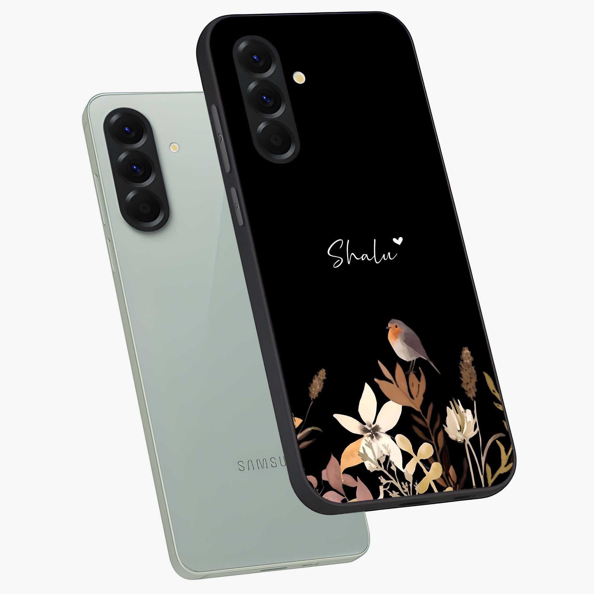 Quiet Garden Tune Custom Name Glass Case displayed in angled mockup highlighting delicate floral garden design with custom name feature.