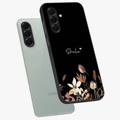 Quiet Garden Tune Custom Name Glass Case displayed in angled mockup highlighting delicate floral garden design with custom name feature.