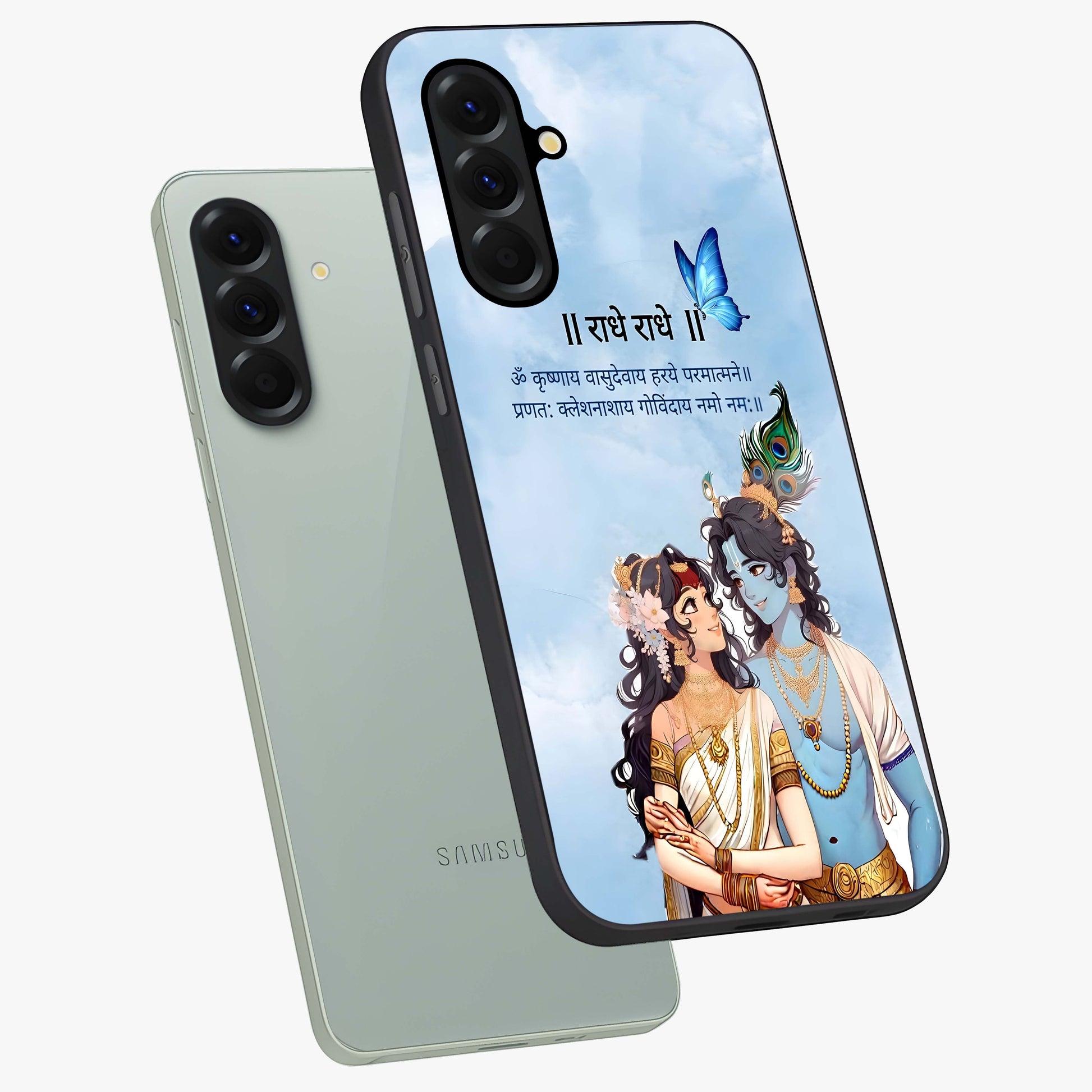 Radha Krishna Eternal Glass Case displayed in angled mockup highlighting divine Radha Krishna illustration with spiritual aesthetic.