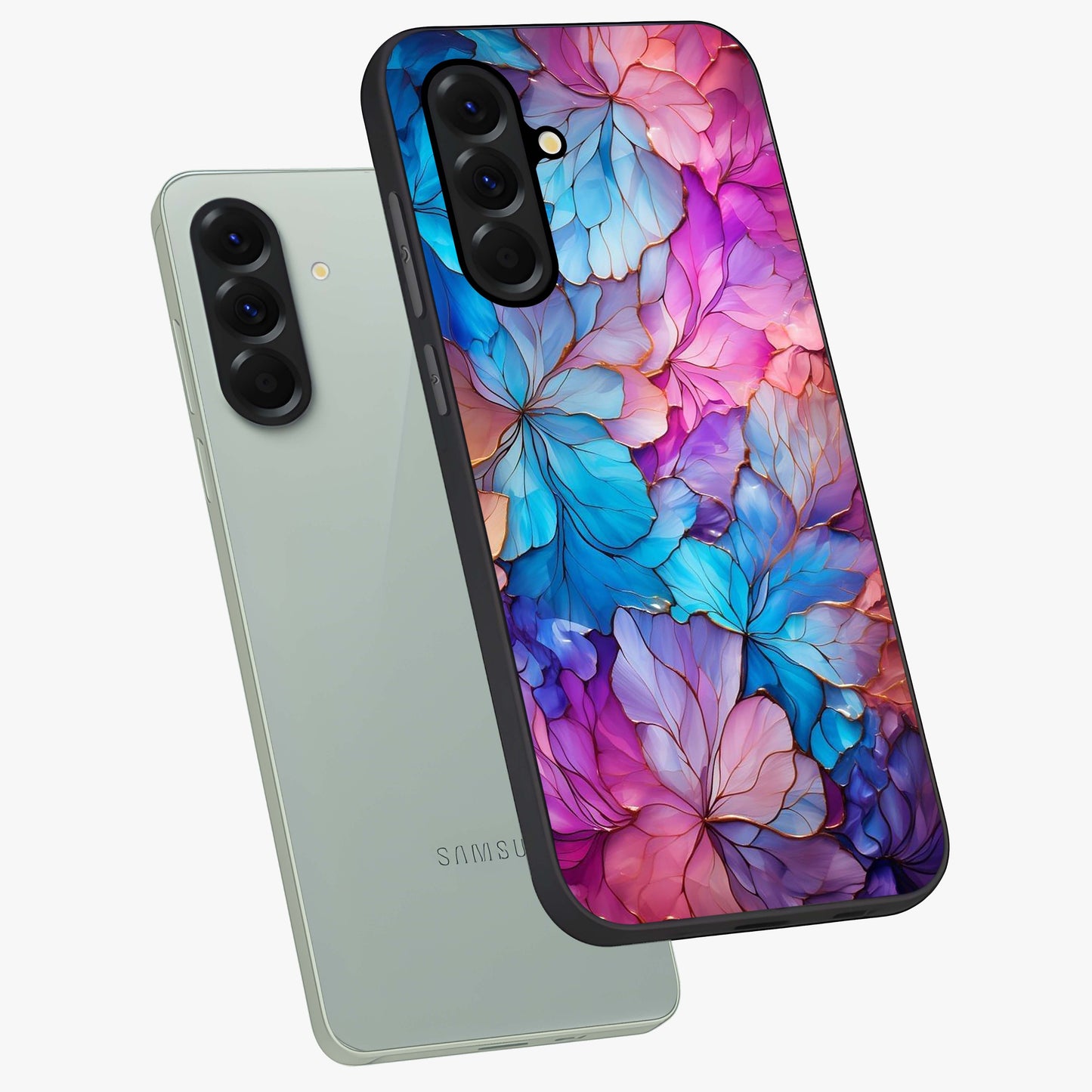 Radiant Floral Whirl Glass Case displayed in angled mockup highlighting vibrant flower pattern with dynamic artistic aesthetic.