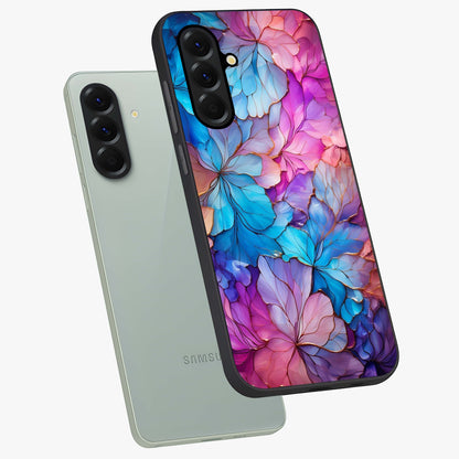 Radiant Floral Whirl Glass Case displayed in angled mockup highlighting vibrant flower pattern with dynamic artistic aesthetic.