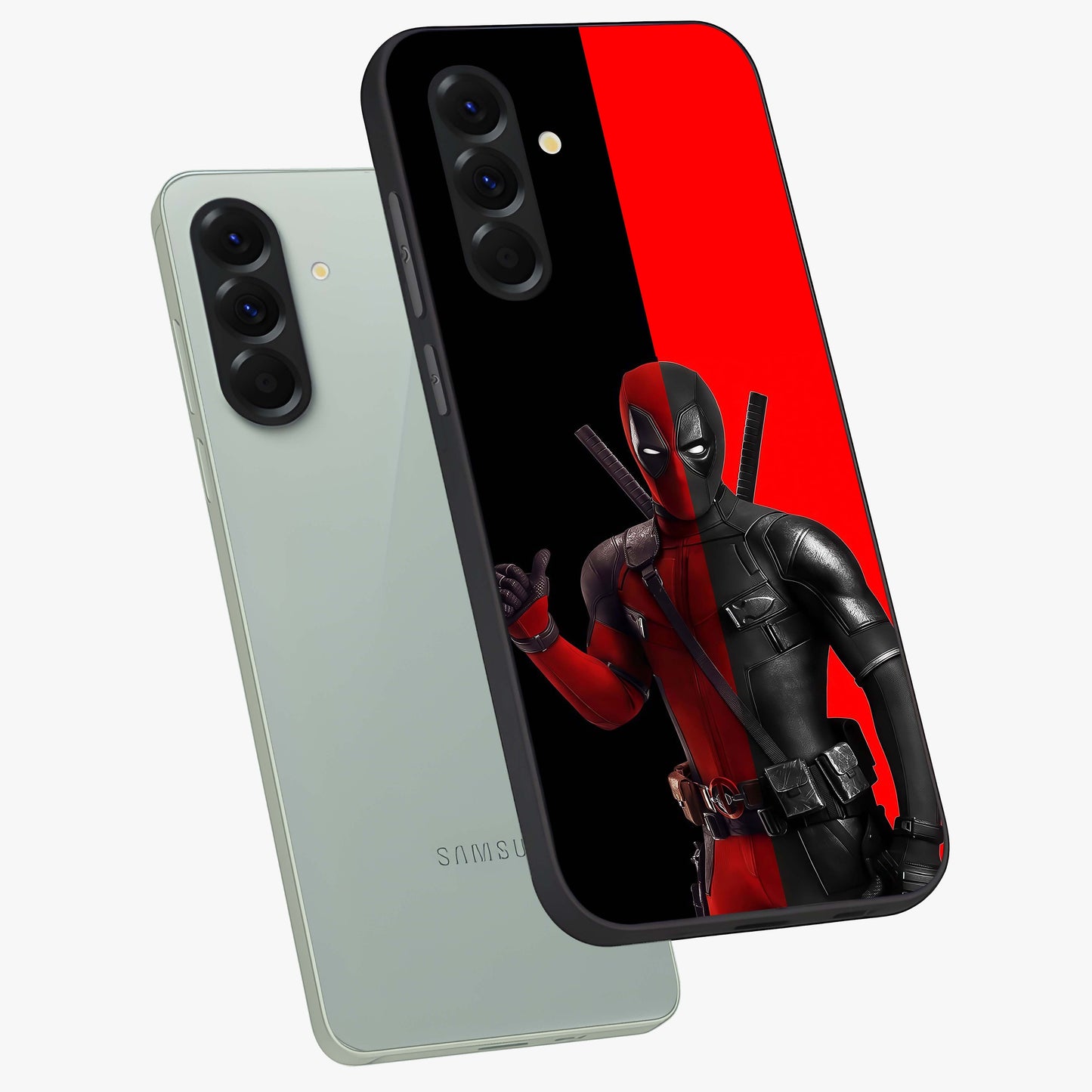 Red & Black Deadpool Theme Glass Case displayed in angled mockup highlighting vibrant superhero style illustration with action aesthetic.