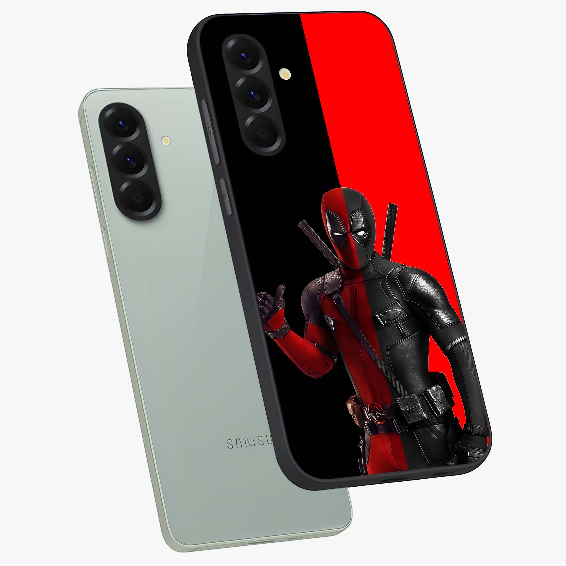 Red & Black Deadpool Theme Glass Case displayed in angled mockup highlighting vibrant superhero style illustration with action aesthetic.