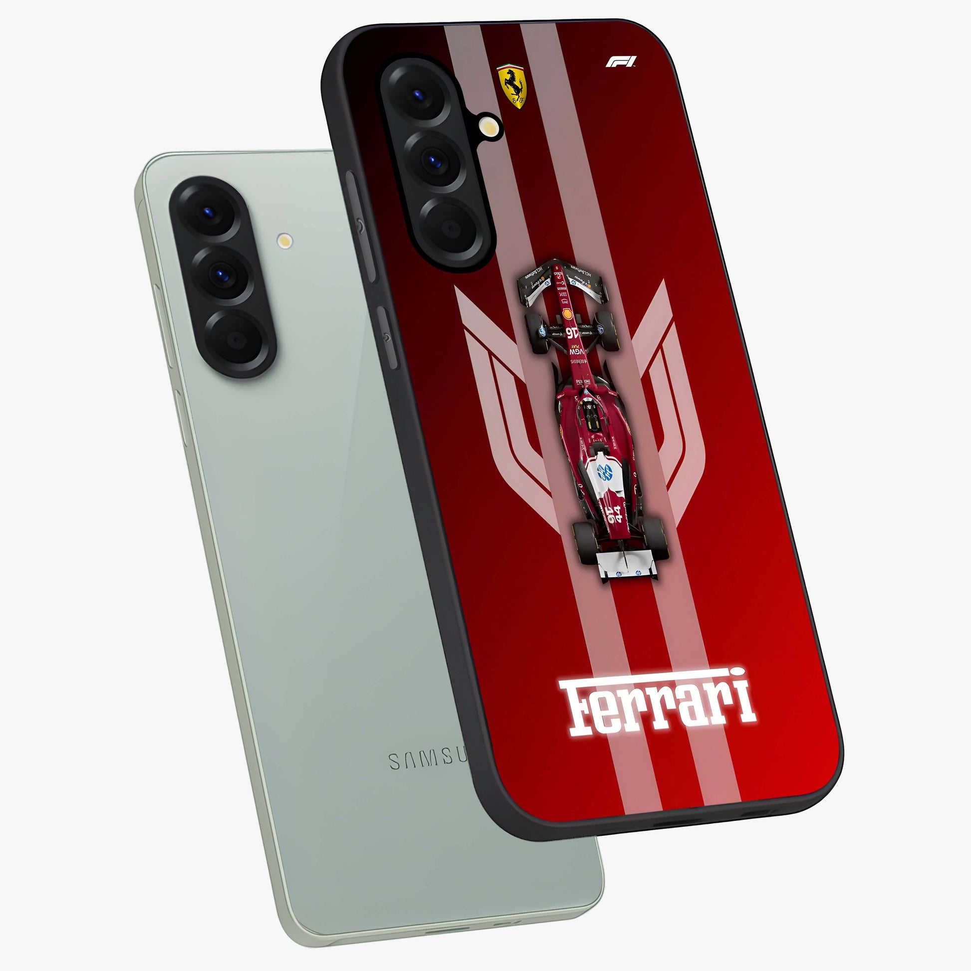 Red Ferrari F1 Vertical Glass Case displayed in angled mockup highlighting high speed racing design with bold automotive aesthetic.