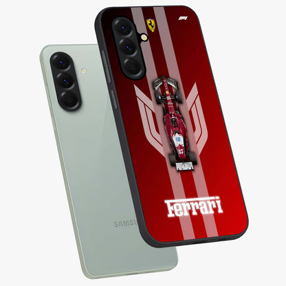 Red Ferrari F1 Vertical Glass Case displayed in angled mockup highlighting high speed racing design with bold automotive aesthetic.