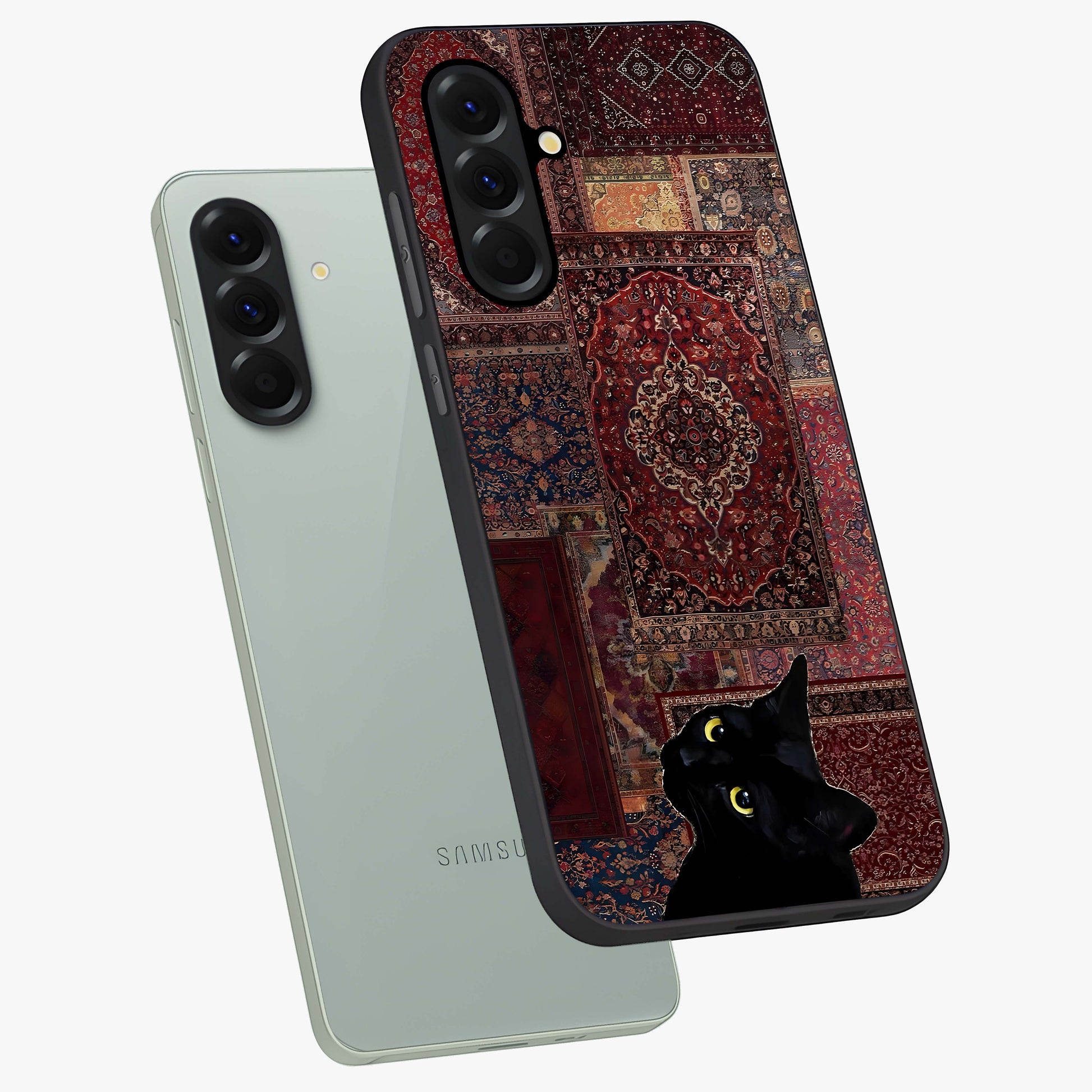 Regal Magic Cat Apple Glass Case displayed in angled mockup highlighting whimsical feline design with fantasy aesthetic.
