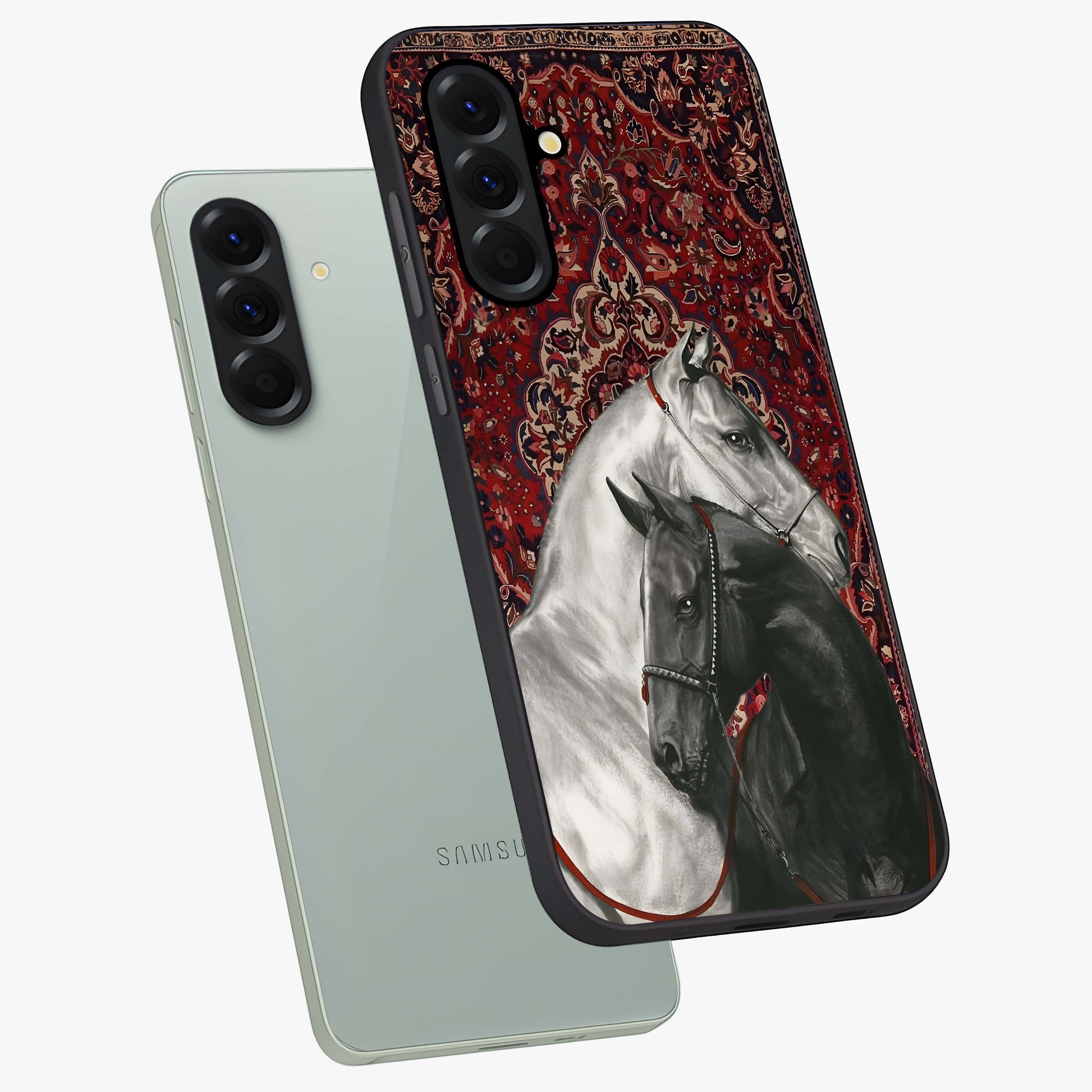 Regal Stallion Tapestry Glass Case displayed in angled mockup highlighting royal stallion design with decorative heritage aesthetic.