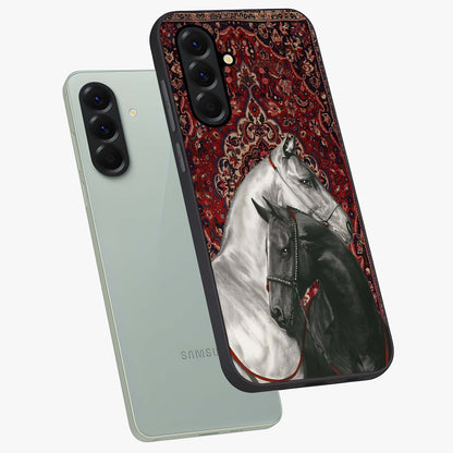 Regal Stallion Tapestry Glass Case displayed in angled mockup highlighting royal stallion design with decorative heritage aesthetic.