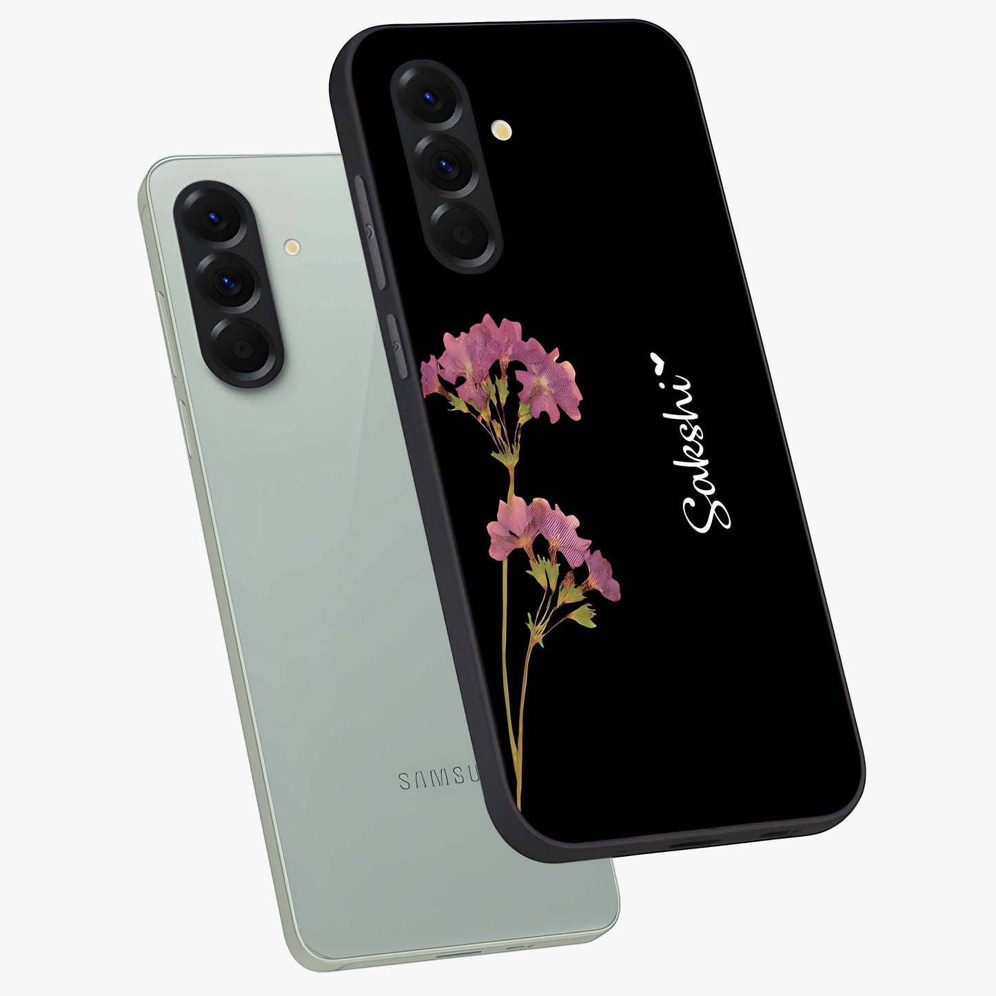 Riching Lavender Flower Custom Name Glass Case displayed in angled mockup highlighting delicate lavender flower design with custom name feature.