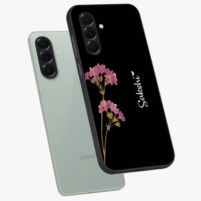 Riching Lavender Flower Custom Name Glass Case displayed in angled mockup highlighting delicate lavender flower design with custom name feature.